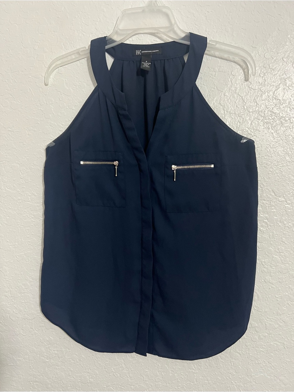 INC Blue Solid Sleeveless Blouse Tank Top Size 2 Sleeveless With Pockets #504